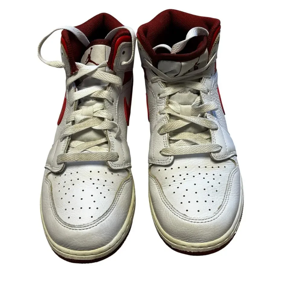 Nike Air Jordan 1 Mid GS White Red Leather High Top Sneakers Youth 7Y